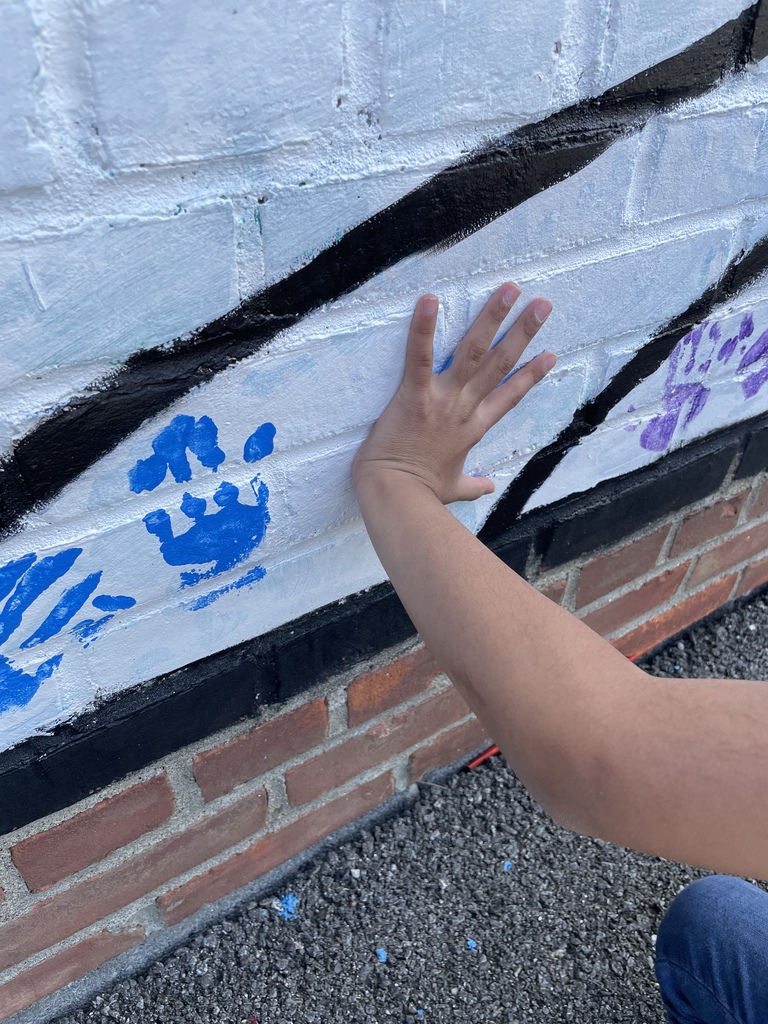 student placing their hand on the wall with the help of a teacher