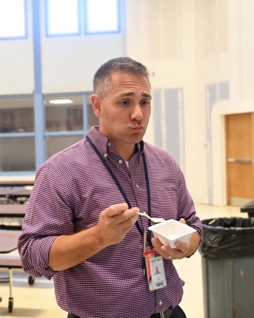 Blue Creek Principal Mr. Chris Turcio tries roasted zucchini