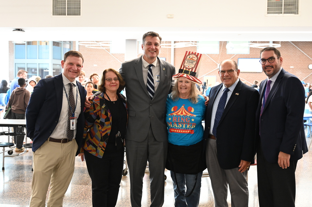 In order: Deputy Superintendent Matt Stein, Director of Food & Nutrition Services Lisa Ostrowski, Senator Jake Ashby, SMS Kitchen Manager Jerry Hess, Frank W. Patience, Asst. Superintendent for Business Dr. Brian Carey