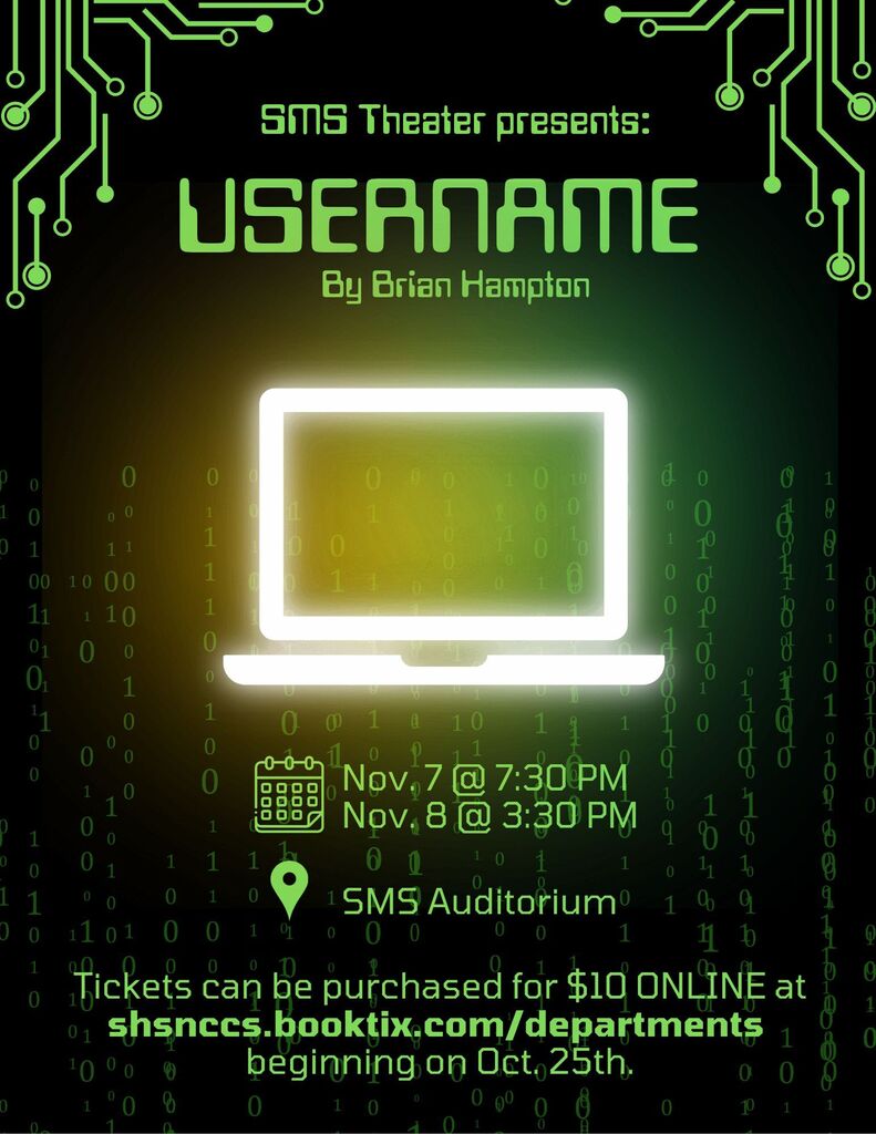 Shaker Middle School Theater presents Username by Brian Hampton, a one act play exploring the role of technology and social media in the lives of young people! Performances will take place on Saturday, Nov. 7, 2026 at 7:30 p.m. and Sunday, Nov. 8, 2026 at 3:30 p.m. Tickets will be sold online at shsnccs.booktix.com/departments, and sales will begin on Oct. 25, 2026. 