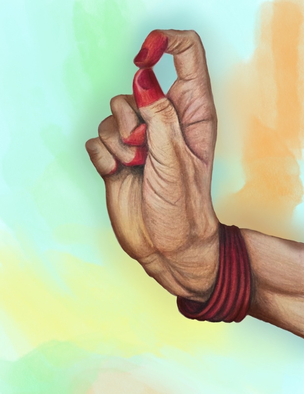 A work of art depicting a hand upright with two fingers pinched together.