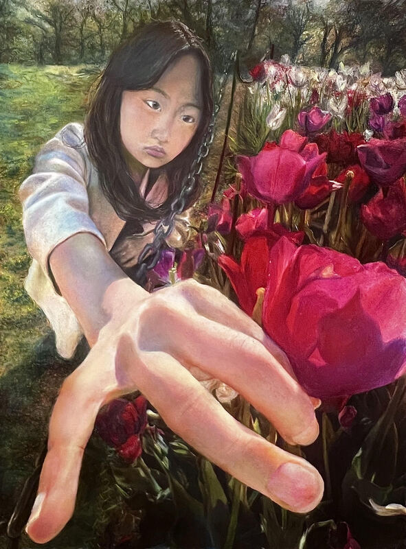 A work of art depicting a girl picking a flower from among many.
