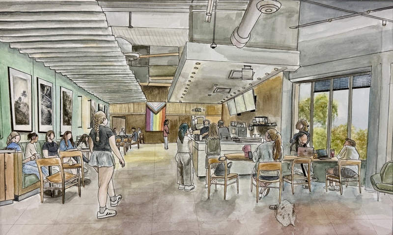 A work of art depicting a cafeteria with people sitting at tables.