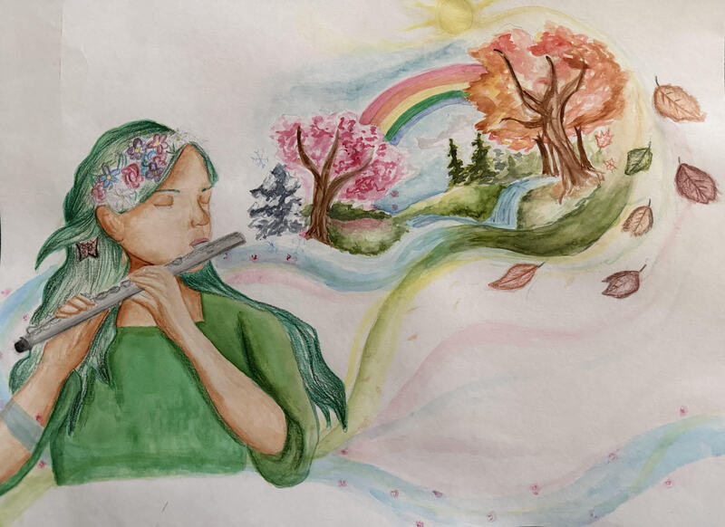 A work of art of a woman playing a flute with flowers, trees and a rainbow coming out.