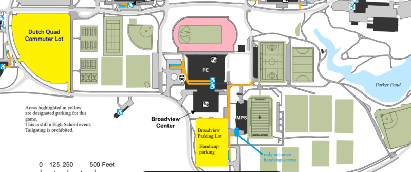 An image of a map of the UAlbany campus which includes available parking highlighted in yellow as well as the football field.
