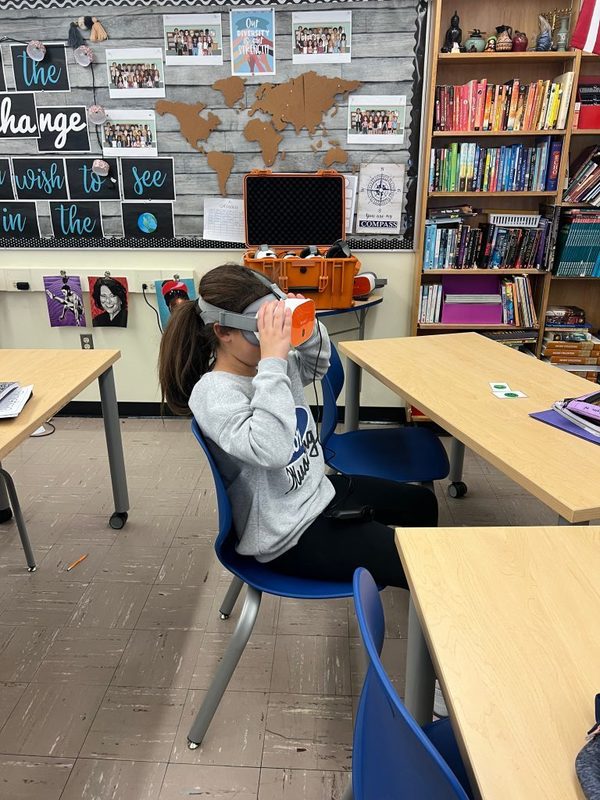 A sixth grade student at Shaker Middle School uses ClassVR as part of a social studies lesson.