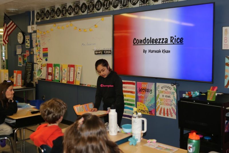 Southgate student, Marwah Khan, presents Black History Month research project in Ms. Fulmore’s fourth grade class.
