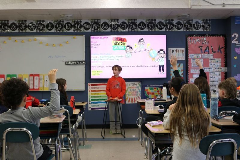 Southgate student, Isaiah Williamson, presents Black History Month research project in Ms. Fulmore’s fourth grade class.