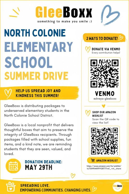 A flyer advertising GleeBoxx's North Colonie Elementary School Summer Drive.