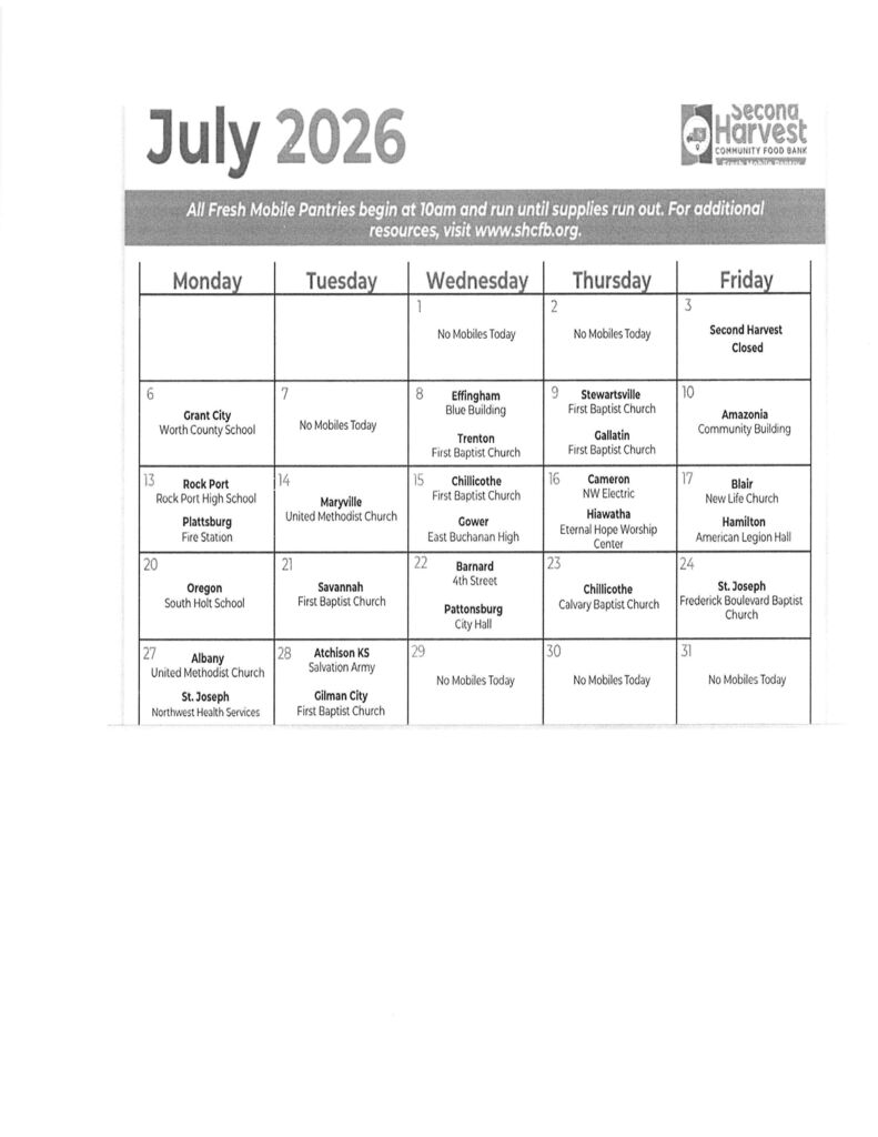 July Second Harvest Fresh Mobile Pantry Dates