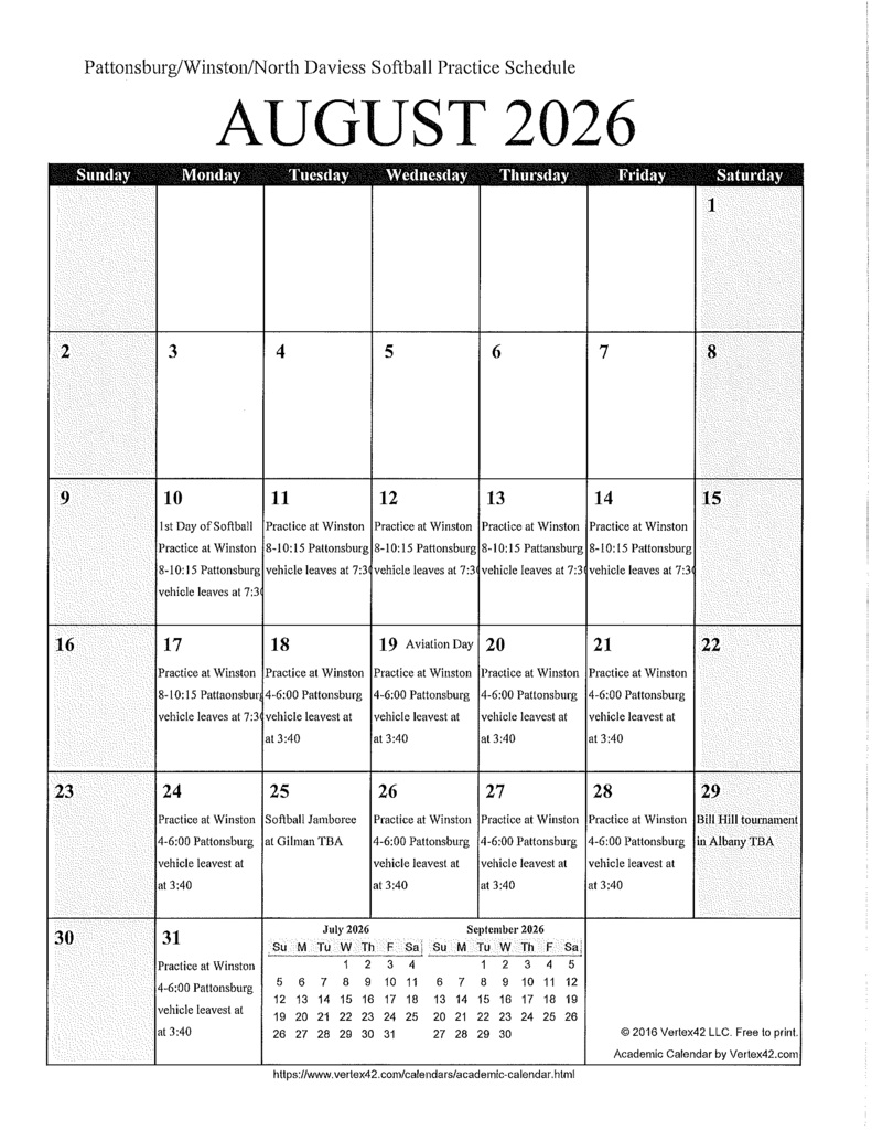 2026 Varsity Softball Practice Schedule