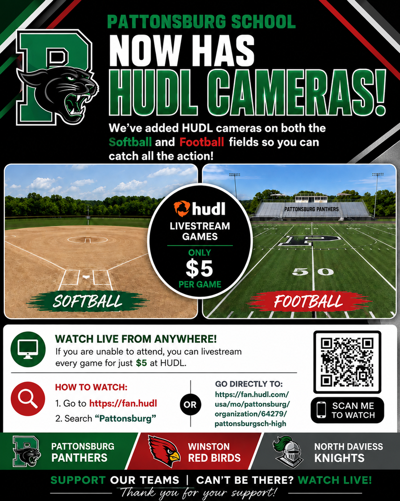 Promotional graphic for Pattonsburg School announcing Hudl cameras on both the softball and football fields. The headline says, “Pattonsburg School Now Has Hudl Cameras!” The graphic explains that if fans are unable to attend, they can livestream games for $5 per game through Hudl. It shows a softball field and a football field with a Hudl badge in the center reading “Livestream Games Only $5 Per Game.” Viewing instructions say to go to fan.hudl and search Pattonsburg, or go directly to fan.hudl.com/usa/mo/pattonsburg/organization/64279/pattonsburgsch-high. A QR code is included for quick access. The design uses the combined school colors of Pattonsburg Panthers, Winston Red Birds, and North Daviess Knights.