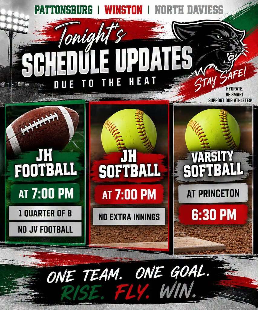 Graphic announcing heat-related schedule updates for Pattonsburg, Winston, and North Daviess athletics. JH football begins at 7:00 p.m. with one quarter of B-team play and no JV football. JH softball begins at 7:00 p.m. with no extra innings. Varsity softball is at Princeton at 6:30 p.m. The graphic reminds everyone to hydrate, be smart, stay safe, and support the athletes.