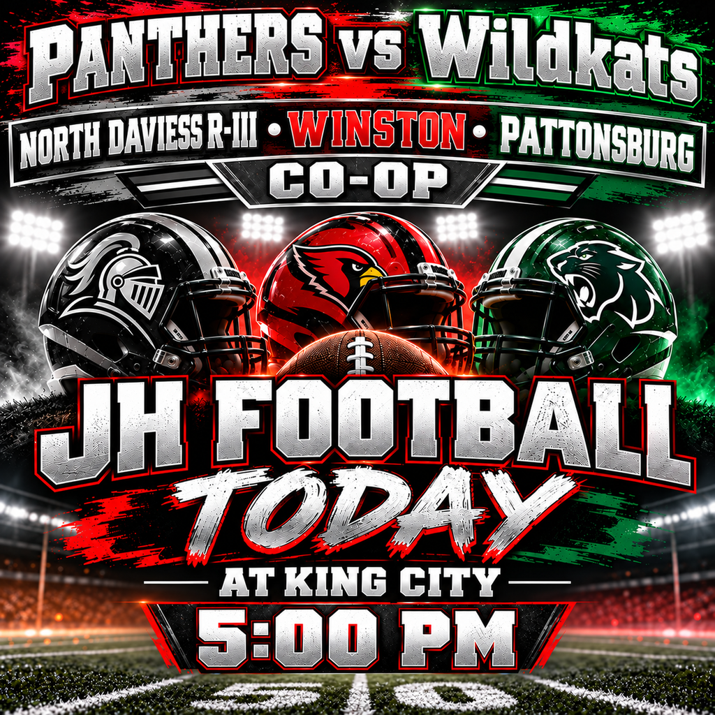 Promotional game-day graphic for junior high football. At the top, large text reads “PANTHERS vs Wildkats,” with “North Daviess R-III • Winston • Pattonsburg Co-Op” underneath. Three football helmets are centered under stadium lights: a black-and-silver North Daviess knight helmet, a red Winston cardinal helmet, and a green Pattonsburg panther helmet, with a football in front. Large text across the middle and bottom reads “JH Football Today,” “At King City,” and “5:00 PM.”
