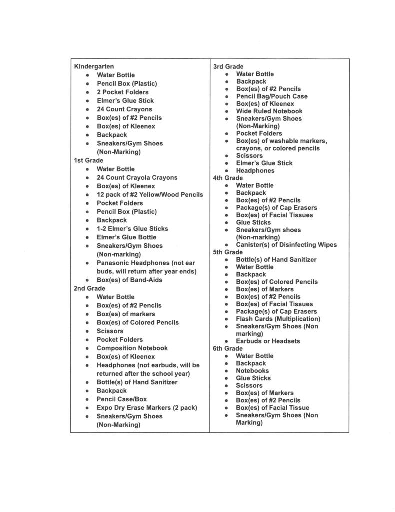 School Supplies List
