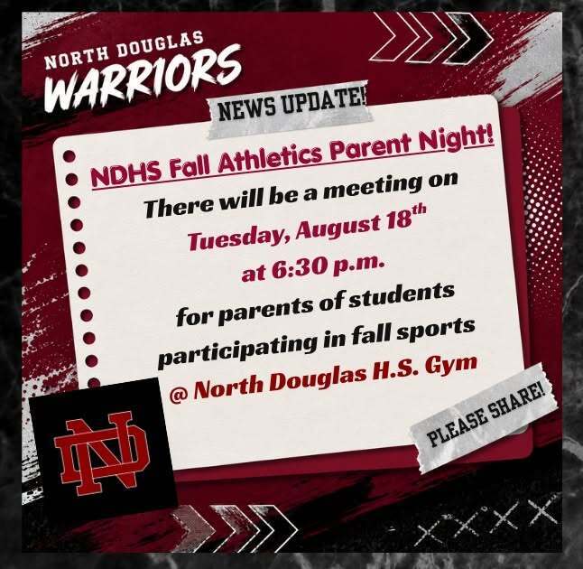 Image of a taped note stating the time and place of the NDHS Fall Athletics Parent Night