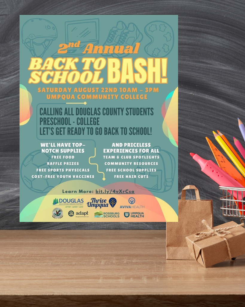 Back to school bash flyer posted on a blackboard with school supplies in a basket next to flyer. 