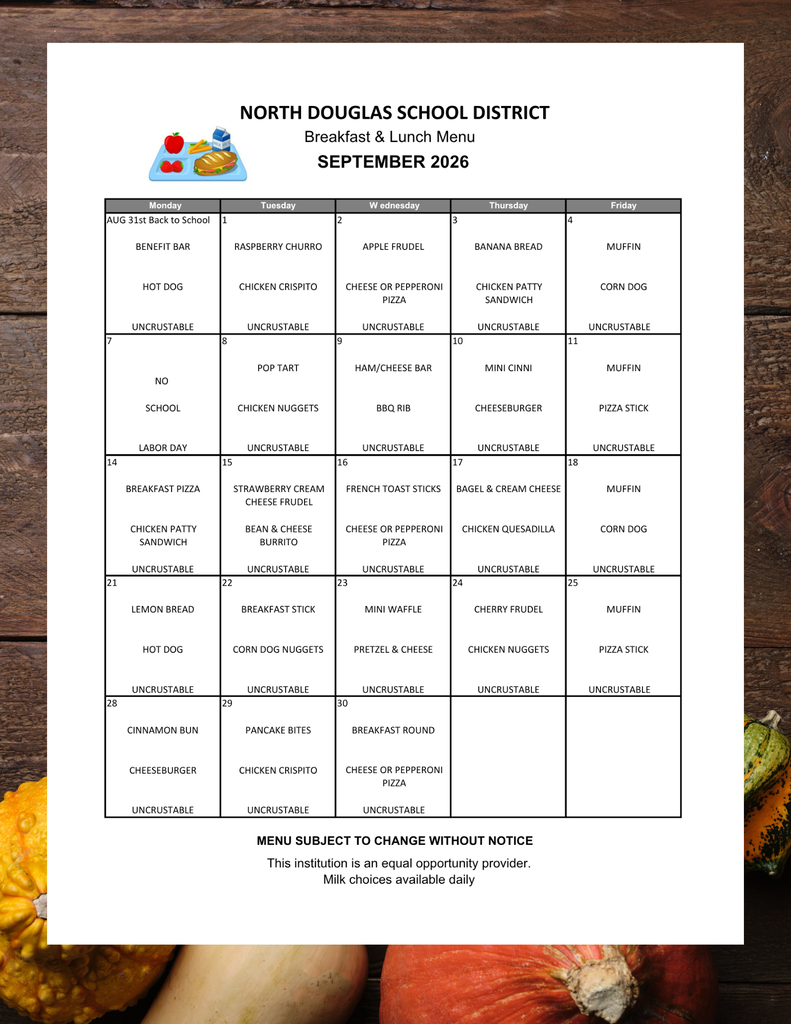 Breakfast and lunch menu over a background with vegetables displayed on wood.