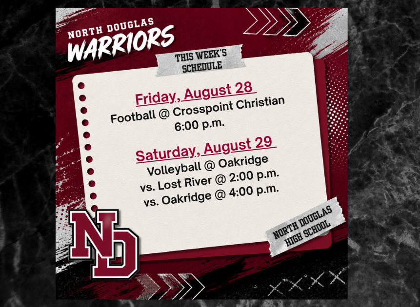 Football and volleyball game announcements on a flyer "taped' to a black background