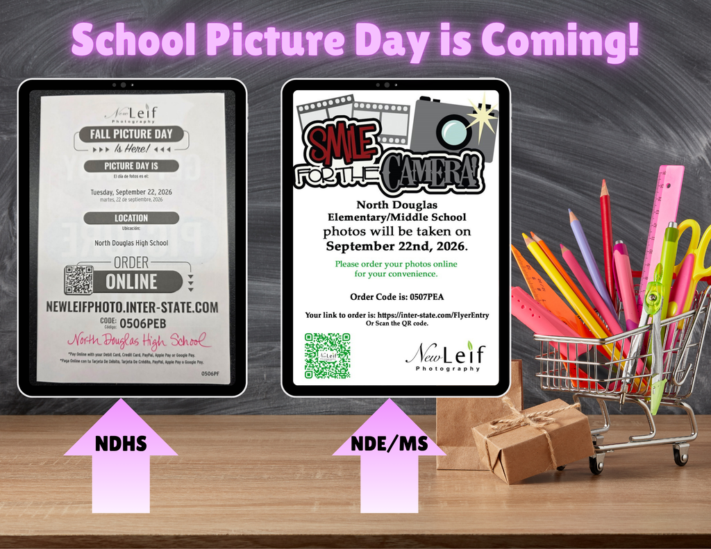 A flyer with a school background of chalkboard, with framed images of the Leif school picture ordering information
