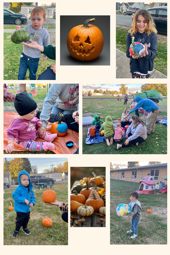 Picture of children with pumpkins and family members painting pumpkins with their children outside.