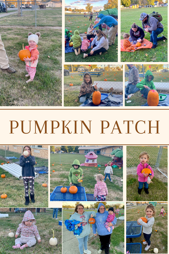 Picture of children with pumpkins and family members painting pumpkins with their children outside.