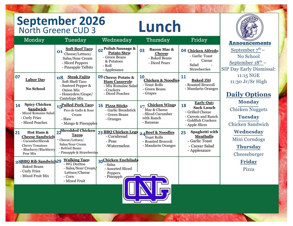 September Lunch Menu
