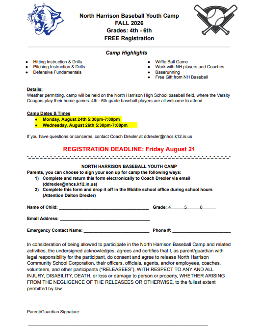 NH Cougar Baseball Youth Camp - Registration 2026