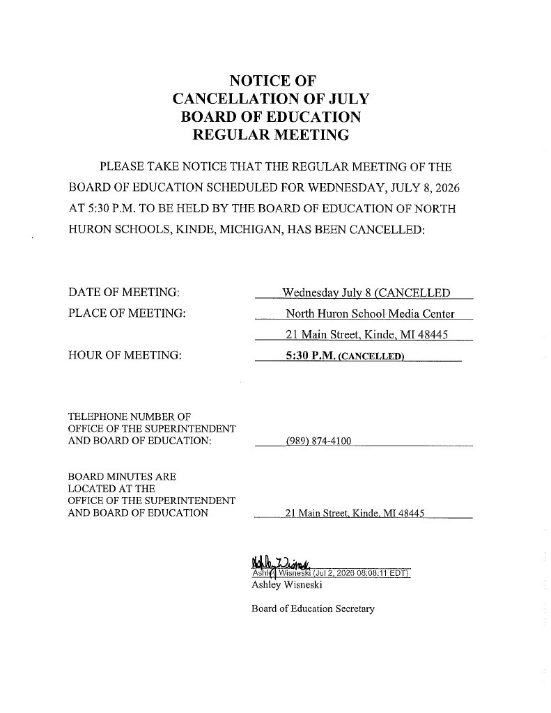 Notice of Cancellation (July BOE meeting)