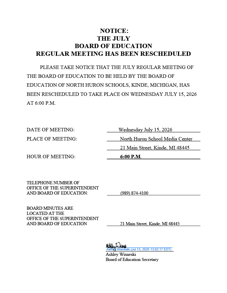 Notice that July BOE regular meeting has been rescheduled