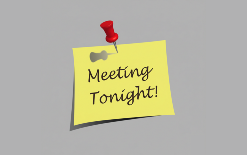 graphic with text saying meeting tonight on a stickynote