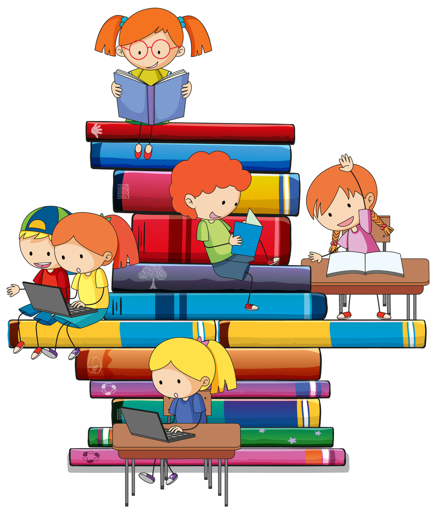 Clipart of children reading on a stack of books