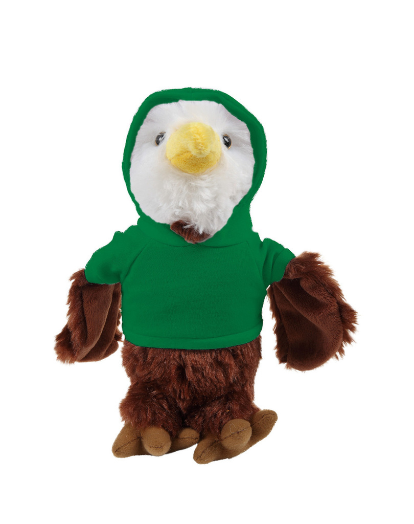 Eagle Stuffed Animal wearing a green hoodie