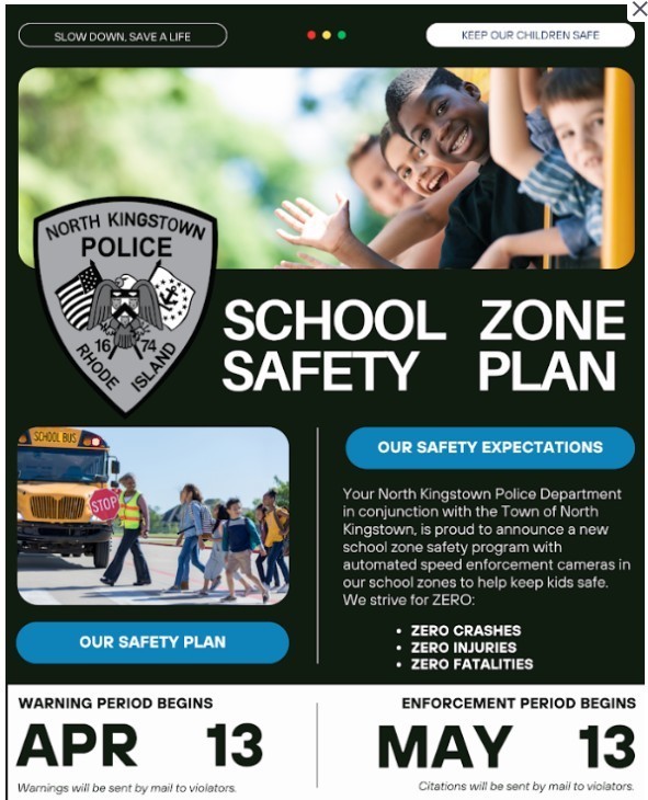 An advertisement for a school zone safety plan shows a police badge, children walking, and a school bus with safety expectations.