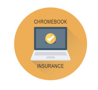 Icon of a laptop with a check mark on the screen. Words above and below read "Chromebook" and "Insurance."