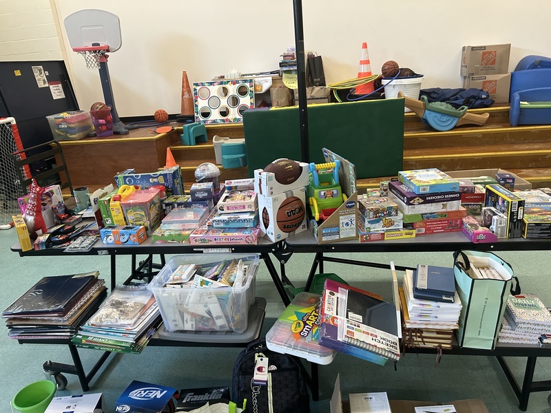 Toys laid out on table for pickup