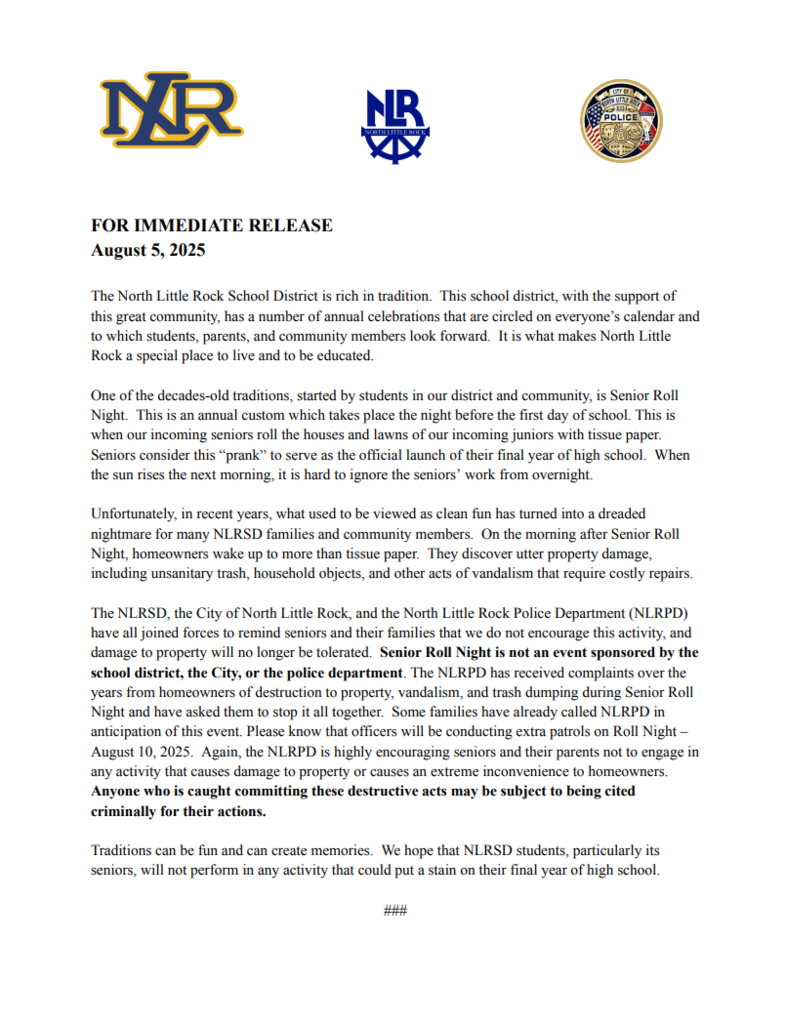 News Release from the North Little Rock School District, the City of North Little Rock Government, and the  North Little Rock Police Department