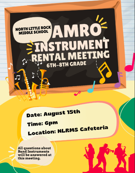 Graphic reads, "Amro Instrument Rental Meeting sixth through eighth grade" with event information listed