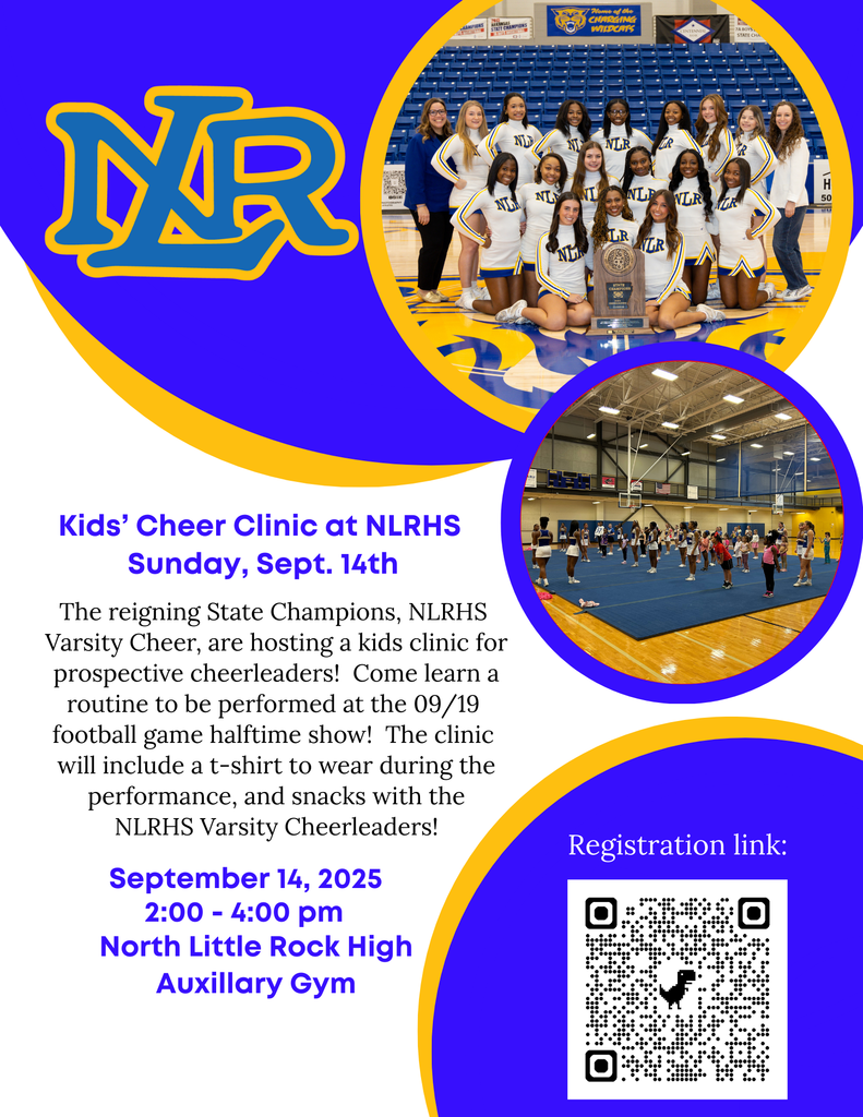 Graphic outlining details for the Kids' Cheer Clinic at the North Little Rock High School on September 14, 2025.