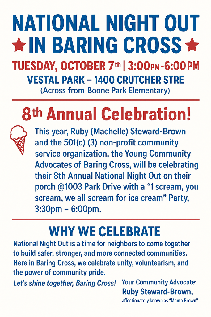 National Night Out ICE CREAM PARTY--Tuesday, October 7th 3:30pm-6:00pm @Vestal Park (across the street from Boone Park Elementary) Bring your whole family! It's always a good time!