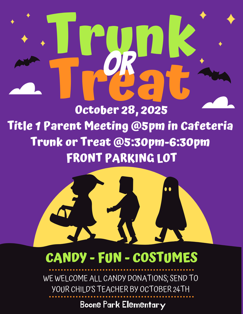 Attention Pre-K through 5th Grade Parents and Families! Trunk or Treat is BACK — Tuesday, October 28th! 🎃 Join us in the cafeteria at 5:00 PM for our Title I meeting and important information for 3rd-grade families. Immediately after, at 5:30 PM, we’ll head to the front parking lot for Trunk or Treat fun! Students and families are encouraged to wear costumes if you like.  🚗 Parking: Please park in the Pre-K lot across the street. 🚫 Note: This is not a drop-off event — all students must be accompanied by an adult. 🍬 Candy Donations: We’re accepting candy donations through Friday, October 24th. Please send them with your child to their teacher.  See flyer for more details! Thank you for your support!! 💜
