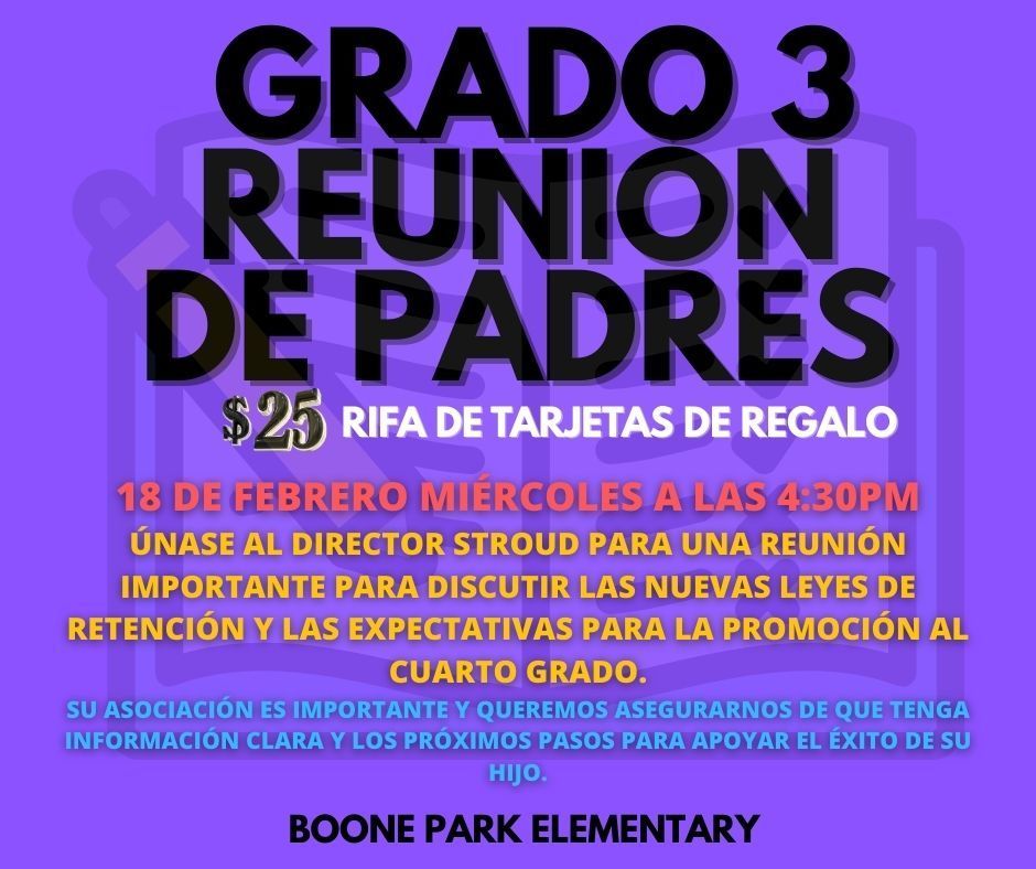 ATTENTION 3RD GRADE PARENTS AND FAMILIES:  Retention meeting on Wednesday, February 18TH @4:30PM   It is VERY IMPORTANT that you are in attendance. Please join Principal Stroud for an important meeting to discuss the new retention laws and the expectations for promotion to 4th grade.   There will be a $25 gift care raffle!   If you have any questions, please call the office at 501-340-5160.