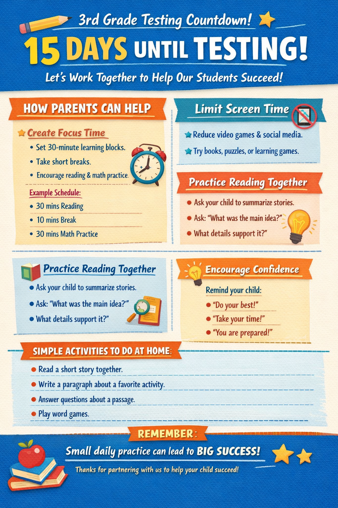 Attention 3rd Grade Parents and Families: Be sure to check out this flyer to help your students during spring break! It is a GREAT tool for ATLAS Test prep! #EveryLearnerEveryday #TheBooneParkWay