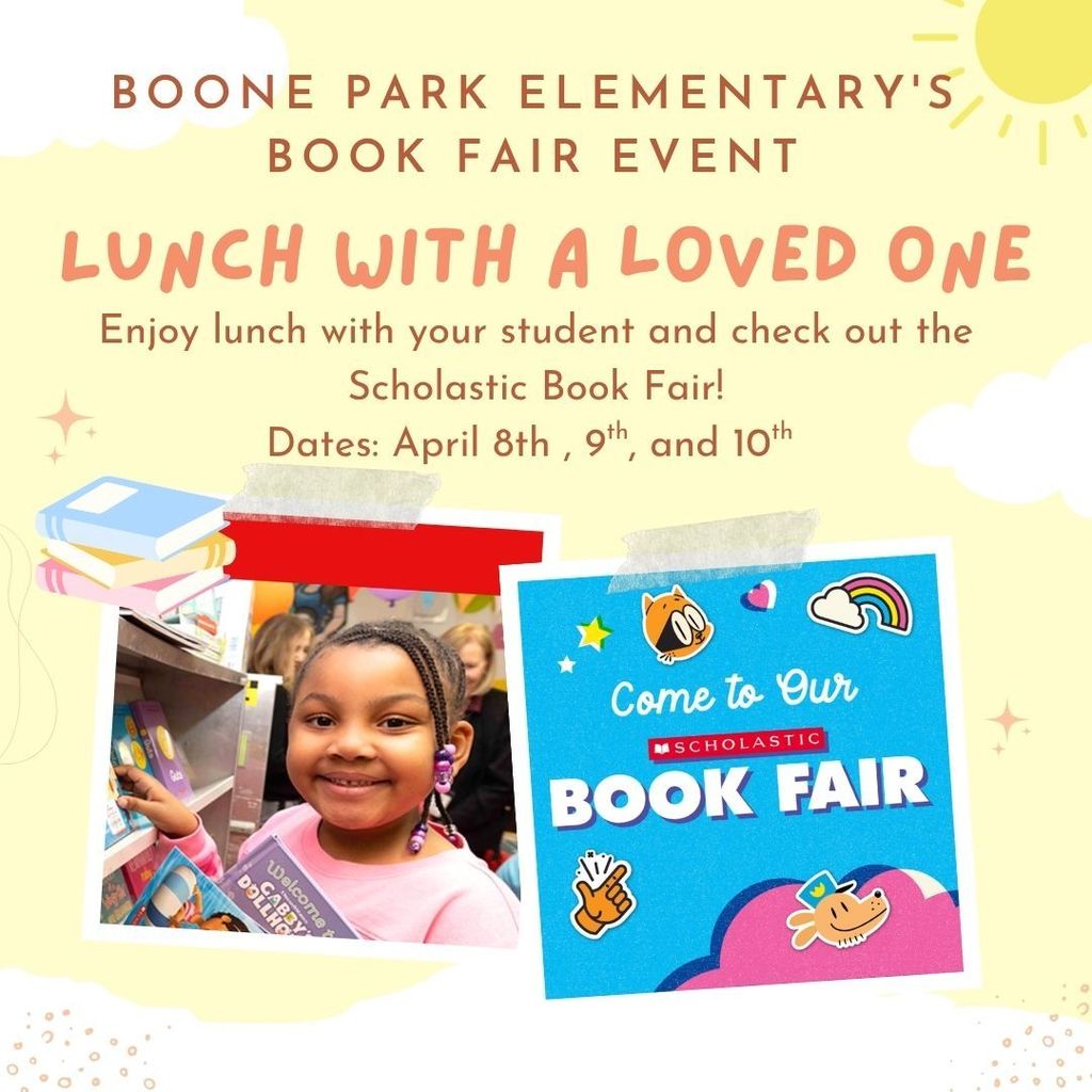 Lunch with Loved Ones start tomorrow, Wednesday, April 8th! If you plan to purchase a tray from the cafeteria, please bring $4.00 CASH ONLY. No change will be provided.  ⏰ Lunch Times: Pre-K: 10:20am Kindergarten: 10:50am 1st Grade: 11:10am 2nd Grade: 11:30am 3rd Grade: 11:50am 4th Grade: 12:10pm 5th Grade: 12:30pm  Quick Reminders: -Photo ID Required: All guests must check in at the office with a valid ID.  -If you plan to purchase books from the book fair, NLRSD no longer accepts cash payments. We only accept eWallet, credit or debit cards, or tap pay.  Start here: https://www.scholastic.com/bf/booneparkelementaryschool. #ScholasticBookFairs  Thank you! See you tomorrow!