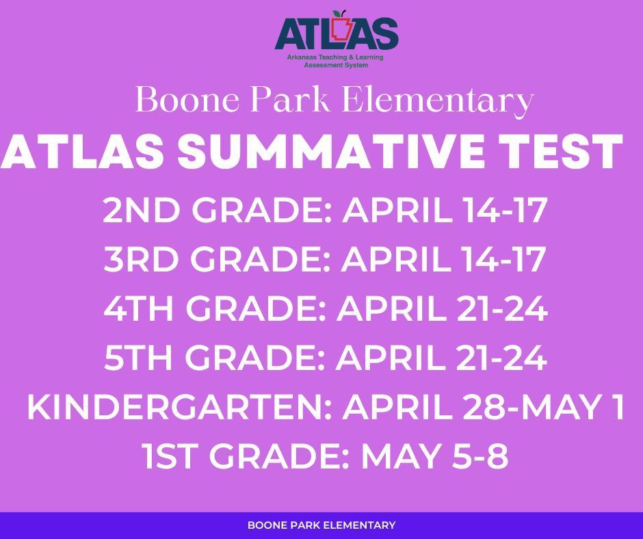 Attention Kindergarten Parents and Families: Next week is the ATLAS test for your students! Please be sure they get a good night's rest and at school on time for breakfast. We appreciate you for your continued support! 