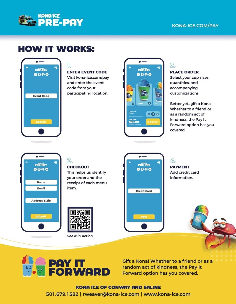 Attention Parents and Families: Field Day is Friday, May 15th! Kona Ice will be here. Please use the link below to PRE-PAY! Pre-Paid orders are strongly encouraged! There is an option to "pay it forward". The deadline to pay for Kona Ice is May 14th and 9pm sharp.  If you have any questions, please let us know!  