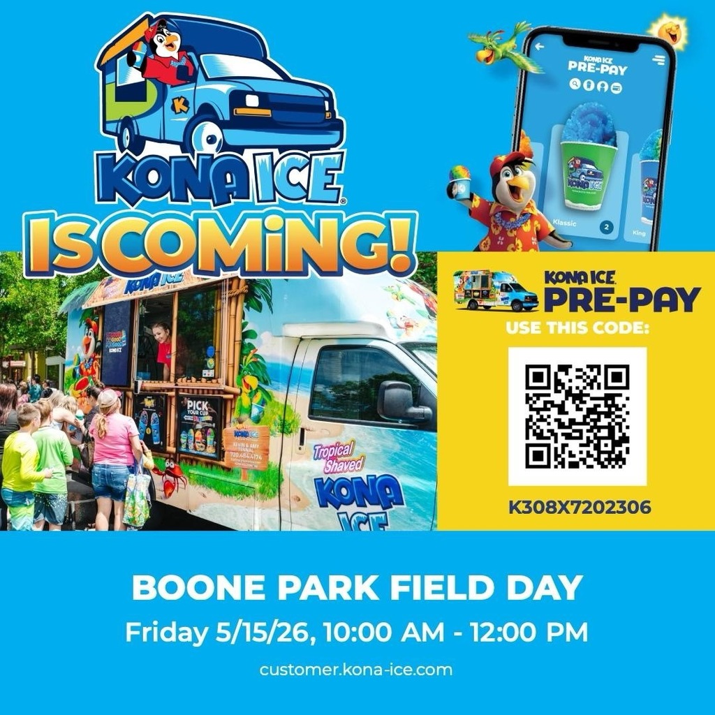 Attention Parents and Families: Field Day is Friday, May 15th! Kona Ice will be here. Please use the link below to PRE-PAY! Pre-Paid orders are strongly encouraged! There is an option to "pay it forward". The deadline to pay for Kona Ice is May 14th and 9pm sharp.  If you have any questions, please let us know!  https://customer.kona-ice.com/#/K308X7202306