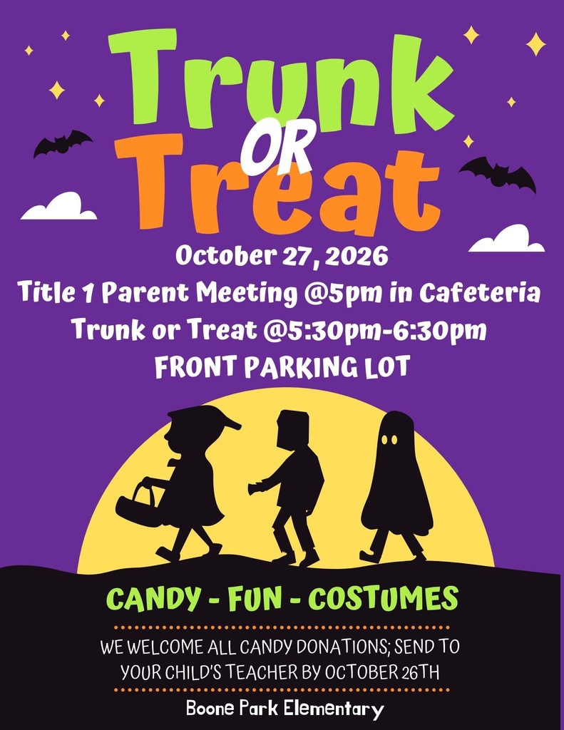Trunk or Treat/Title 1 Meeting: Be the Voice will be next Tuesday, October 27th at 5pm!  We still need candy donations, please send all candy (non peanut butter) to the front office.  Thank you to everyone who has already sent candy! We appreciate it.