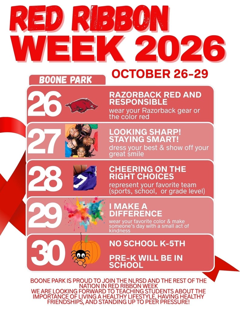 Red Ribbon Spirit Week is THIS WEEK! Please take a look at the fun ways we are celebrating at Boone Park!