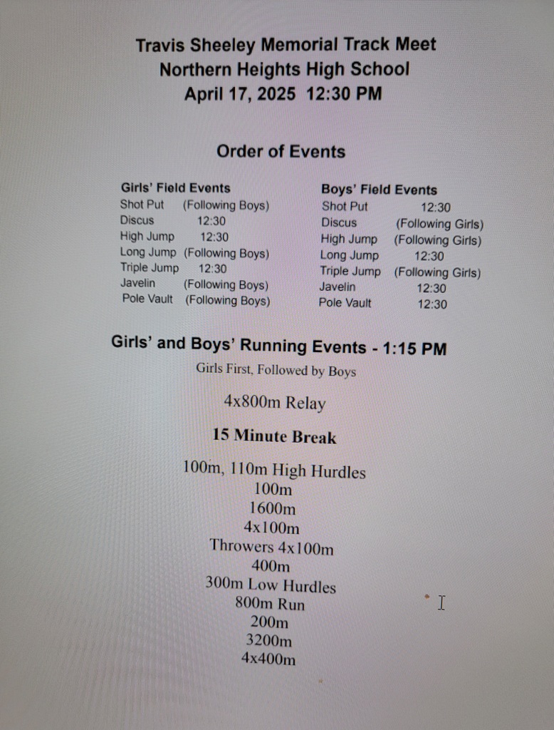 Travis Sheeley Track Meet order of events